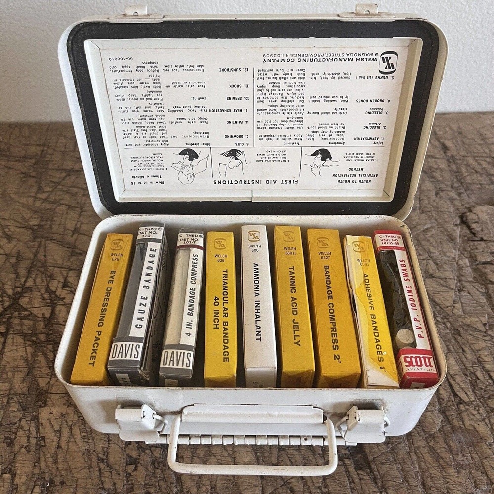 Vintage Welsh First Aid Kit Metal Wall Hanging with Contents - Bandages, etc